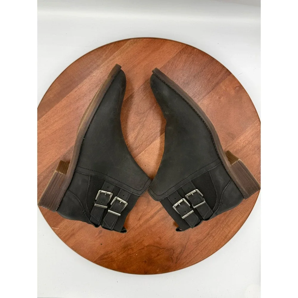 Fat Face Black Leather Buckle Ankle Boots Zip Up Womens 8.5 Boho Western Classic